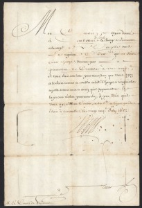 FRENCH HISTORICAL INTEREST: A military missive addressed to Louis Thomas, Count of Soissons and Prince of Savoy, dated June 25th 1682, sent from a cousin residing in Landes, southern France. Forced to pursue a military career due to his family’s poor fortunes, Louis Thomas was later dismissed from the French army when his wife refused the romantic attentions of King Louis XIV. (25 x 37cm)