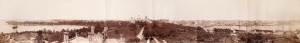 PHOTOGRAPHER UNKNOWN. A panoramic view of the Garden Palace, Farm Cove, Circular Quay and Millers Point comprised of six connected albumen paper prints, circa 1879, presented in what may be the original&nbsp;protective capped round box with a contemporary hand