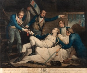 [HOOD] [COOK: SECOND VOYAGE] NORTHCOTE, J. (after), The Death of Capt. Alexander Hood, who Gloriously Fell in the Moment of Victory on the 21st April last. hand-coloured mezzotint, [London : Jeffryes & Co., 1798], 55.5 x 65.5cm.