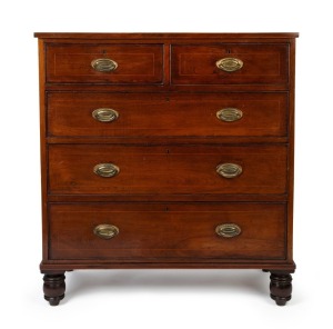 A Colonial Australian cedar chest of five drawers with brass plate handles, the top with cross banded edge and pine stringing, the drawer fronts cockbeaded with inset pine stringing standing on turned bun feet, full cedar construction, New South Wales ori