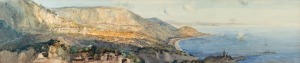 HORACE MILLICHAMP MOORE-JONES&nbsp;(1868-1922), (Gallipoli, ANZAC Cove), watercolour, signed lower left "Sapper H. Moore-Jones, 1915". Housed in original gilt frame with card mount and pencil annotations to the upper margin describing features of the landscape