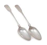 RICHARD LAMB rare pair of Colonial Australian silver fiddle pattern tablespoons with engraved crest (possibly SAMUEL CLAYTON the engraver and silversmith), Sydney origin, circa 1840, stamped "R.L." crowned leopard, over stamped "G", lion passant, date let - 6