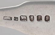 RICHARD LAMB rare pair of Colonial Australian silver fiddle pattern tablespoons with engraved crest (possibly SAMUEL CLAYTON the engraver and silversmith), Sydney origin, circa 1840, stamped "R.L." crowned leopard, over stamped "G", lion passant, date let - 9
