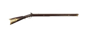 An antique percussion cap rifle, attractively inlaid with silver and the American Eagle emblazoned "E Pluribus Unum", stock also attractively adorned with brass compartment engraved with hunting dog, early to mid 19th century, 106cm long