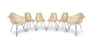 CHARLES & RAY EAMES for HERMAN MILLER fine set of six Dax shell dining chairs comprising of two armchairs and four single chairs, cream moulded fibreglass with tubular steel frames, each with printed serial number and Herman Miller maker's mark moulded in