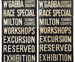 BRISBANE TRAM/BUS DESTINATION ROLLS: Two destination rolls, including w'Gabba, Pad. Depot, Adelaide Street, Roma Street, Newmarket, Hospital, Toowong etc., circa 1950s, 66cm wide each