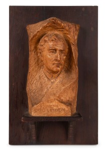 238 · "EN SOUVENIR OTTO LINDEN" antique Australian patinated fired plaster bust mounted on stained red pine mount, signed lower right (illegible), early 20th century.