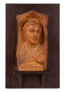 "EN SOUVENIR OTTO LINDEN" antique Australian patinated fired plaster bust mounted on stained red pine mount, signed lower right (illegible), early 20th century.