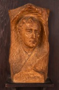 "EN SOUVENIR OTTO LINDEN" antique Australian patinated fired plaster bust mounted on stained red pine mount, signed lower right (illegible), early 20th century. - 2