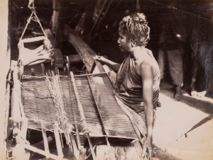 GUSTAVE RICHARD LAMBERT ASIA: albumen paper prints, circa 1880s, one depicts a female mat maker, the other titled "Javanese Hadju"; photographer’s blind stamp on images at lower right, approx. 20.5 x 27.5cm & 28 x 21cm. (2).