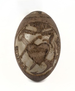 GOLDEN FLEECE antique carved emu egg with ship portrait, engraved "Carved By JOHN W. STEWART, Charity, Faith, Hope. GOLDEN FLEECE. Albury 1887, Sydney 1888", 14cm high