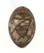 GOLDEN FLEECE antique carved emu egg with ship portrait, engraved "Carved By JOHN W. STEWART, Charity, Faith, Hope. GOLDEN FLEECE. Albury&nbsp;1887, Sydney 1888", 14cm high