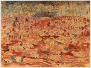 LEN ANNOIS&nbsp;(1906-1966), Sand Dunes, Simpson Desert, watercolour and gouache on paper, signed lower left "Annois, '64", titled verso and "Entry Wynne Landscape Prize", 75 x 100cm, 92 x 117cm overall.