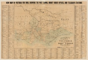 "PEARSON'S NEW MAP OF VICTORIA showing the Post Towns, Money Order Offices, Telegraph Stations". [Charlwood & Son, Melbourne 1869]. Lithographed, with some hand colouring. 50 x 75cm laid down on card; framed and glazed. (overall 58 x 83cm). Surrounding th
