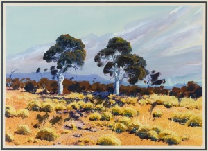 SHANE PICKETT (1957-2010), (ghost gums and mountain range), watercolour and gouache on paper, signed lower right "Shane Pickett", 48 x 67cm, 77 x 95cm overall