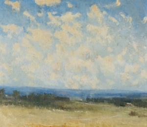 JOHN McQUALTER&nbsp;(1949 - ), Landscape Wangaratta, 1973, oil on board, signed lower left, titled and dated on exhibition label verso, 60 x 67cm, 68 x 78cm overall