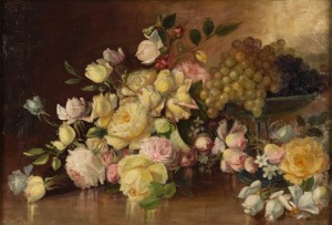 ARTIST UNKNOWN, still life with grapes and roses, oil on canvas, in the manner of A.M.E. BALE, 44 x 64cm, 62 x 85cm overall.