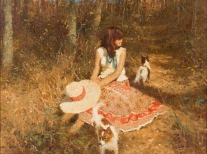 DALE MARSH (1940 - ), Girl With Two Papillons, oil on board, signed lower right "Dale Marsh, 1978", 45 x 60cm, 55 x 71cm overall