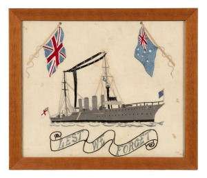 "LEST WE FORGET" antique silk embroidery of a gunboat, WW1 period, ​​​​​​​47 x 55cm overall.