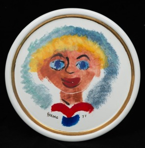 BERNARD HESLING (1905-1987), (portrait on white ground with gilt border), enamel on tin panel, signed lower centre "Hesling, '77", 23cm diameter