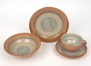 GWYN HANSSEN PIGOTT Australian studio pottery bowl and matching teacup, saucer and plate set, (4 items), impressed seal mark, ​​​​​​​the plate 17.5cm diameter