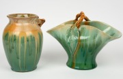 REMUED&nbsp;green and brown glazed pottery basket vase with rare gum leaf and gumnut decoration front and back; together with a branch handled vase with green and brown glaze, (2 items), both incised "Remued", 19cm high each - 2
