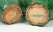 REMUED&nbsp;green and brown glazed pottery basket vase with rare gum leaf and gumnut decoration front and back; together with a branch handled vase with green and brown glaze, (2 items), both incised "Remued", 19cm high each - 3