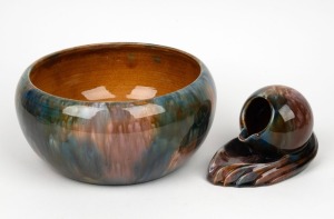 MASHMAN rare pottery spoon warmer with mottled glaze; together with a REGAL MASHMAN pottery fruit bowl, (2 items), both with impressed factory marks, the bowl 23cm diameter