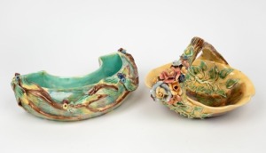 DELAMERE pottery flower trough with applied gum blossoms, leaves, nuts and branches, together with a SHEILA ANN pottery basket vase with applied flowers, leaves and branch handle, (2 items), the larger 29cm wide