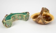 DELAMERE pottery flower trough with applied gum blossoms, leaves, nuts and branches, together with a SHEILA ANN pottery basket vase with applied flowers, leaves and branch handle, (2 items), the larger 29cm wide - 2