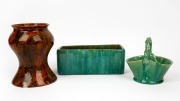 JOHN CAMPBELL unusual mottled glazed pottery vase (A/F); together with a green glazed pottery basket and trough, (3 items), all with incised signature, the largest 19cm high