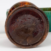 JOHN CAMPBELL unusual mottled glazed pottery vase (A/F); together with a green glazed pottery basket and trough, (3 items), all with incised signature, the largest 19cm high - 2