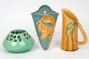 FLORENZ&nbsp;pottery jug, wall pocket and vase with applied and pierced decoration,&nbsp;(3 items), all incised "Florenz", the jug 18cm high