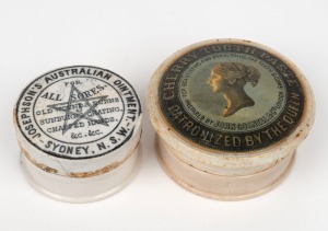 JOSEPHSON'S AUSTRALIAN OINTMENT - SYDNEY, N.S.W. antique ceramic paste pot, together with a CHERRY TOOTH PASTE pot, 19th century, (2 items), 6cm and 8cm diameter.