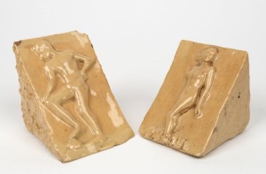 ARTIST UNKNOWN unusual pair of triangular pottery bookends with male and female nude decoration, both signed "Fran", 9cm and 10cm high
