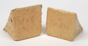 ARTIST UNKNOWN unusual pair of triangular pottery bookends with male and female nude decoration, both signed "Fran", 9cm and 10cm high - 2