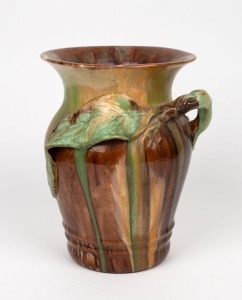 298 · REMUED brown and green glazed pottery vase with applied gumnuts, leaf and branch handle, incised "Remued, Hand Made, 196/9M", 23.5cm high,