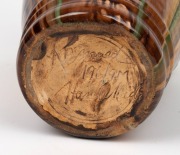 REMUED&nbsp;brown and green glazed pottery vase with applied gumnuts,&nbsp;leaf and branch handle, incised "Remued,&nbsp;Hand Made, 196/9M", 23.5cm high,&nbsp; - 3