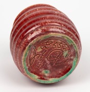 JOHN CAMPBELL burgundy glazed ribbed pottery vase, signed "John Campbell, Tasmania", 9.5cm high - 3