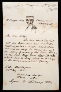 A small lettersheet, dated 30th August 1853, written by James Strachan (1810 - 1875, known as John), a member of the Victorian Legislative Council, to his wife, Lillias Strachan, under the amusing pseudonym, "P. Stiggins, Esq., Commissioner Balaarat", wit