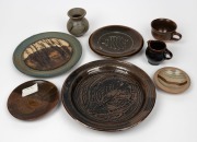 STUDIO POTTERY: Assortment of plates, vases, jug and tea ware, potters include, Les Blakeborough, Bernard Leach and Harry Davis, (8 items) the largest 27.5cm diameter - 2