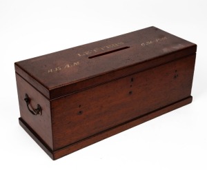 An antique Australian cedar box with hand-painted lettering to the top "Letters 11.15am-6.30pm", 19th century, 22cm high, 55cm wide, 23cm deep