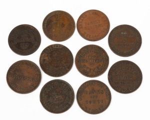 SHOP TOKENS, ten assorted antique Australian penny examples comprising: I.) BROOKES Ironmongers, Brisbane II.) PENWICK BROTHERS Importers & Clothiers, Flag Staff, 225 King Street, Melbourne. III.) BATTLE & WEIGHT South Head Road Sydney, IV) HANKS&nbsp; AND COM