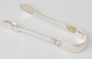 UNKNOWN MAKER antique Colonial Australian silver fiddle and shell pattern sugar tongs, circa 1840s, stamped "C.H." with lion passant, uncrowned leopard, date letter "E" and monarch's head, 14.5cm long, 50 grams.