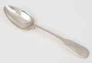 An antique fiddle pattern silver dessert spoon, most likely Australian, mid 19th century, stamped "A", "S.S.", "A", and "N", ​​​​​​​17cm long, 52 grams.