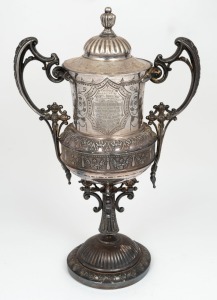 A silver-plated lidded trophy cup with engraved testimonial: "Trophy Presented by Mr. & Mrs. G. BRIDGELAND, in loving memory of their son Trooper Fred Bridgeland KILLED IN ACTION Lone Pine Aug.6.15. Won by CAPT. H.M. KNOX St. Kilda Rifle Club - Aug. 12.16