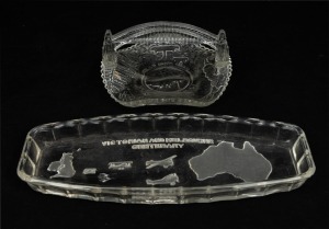 SYDNEY HARBOUR BRIDGE glass souvenir dish, circa 1932; together with "VICTORIA AND MELBOURNE CENTENARY, 1934-1935" souvenir glass pen tray, (2 items), 14cm and 25.5cm wide