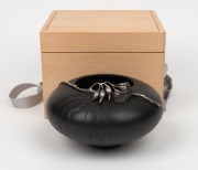 GEORGIA ELMS pottery bowl with gum leaf decoration and applied silver, in original fitted box, incised "Georgia Elm, 1989", 8cm high, 14cm wide - 2