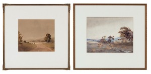 VICTOR ROBERT WATT (1886-1970), I.) (untitled figures on the road), II.) (untitled farm scene), watercolours, both signed lower left "V. R. Watt", ​​​​​​​the larger 38 x 37cm, 52 x 58cm overall