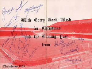 ARSENAL: 1959 Christmas Card with 17 signatures including G.Ward, G.Nutt, T.Docherty, D.Clapton, L.Julians & J.Kersley. G/VG condition.